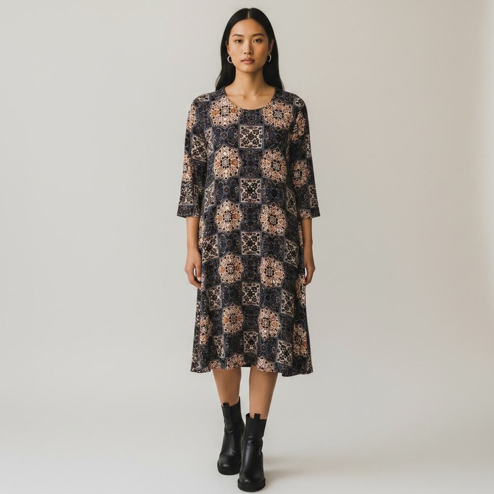 LOFT Tapestry Print Shift Dress NWT Women's Sz XL Brown Beige 3/4 Sleeves Chic